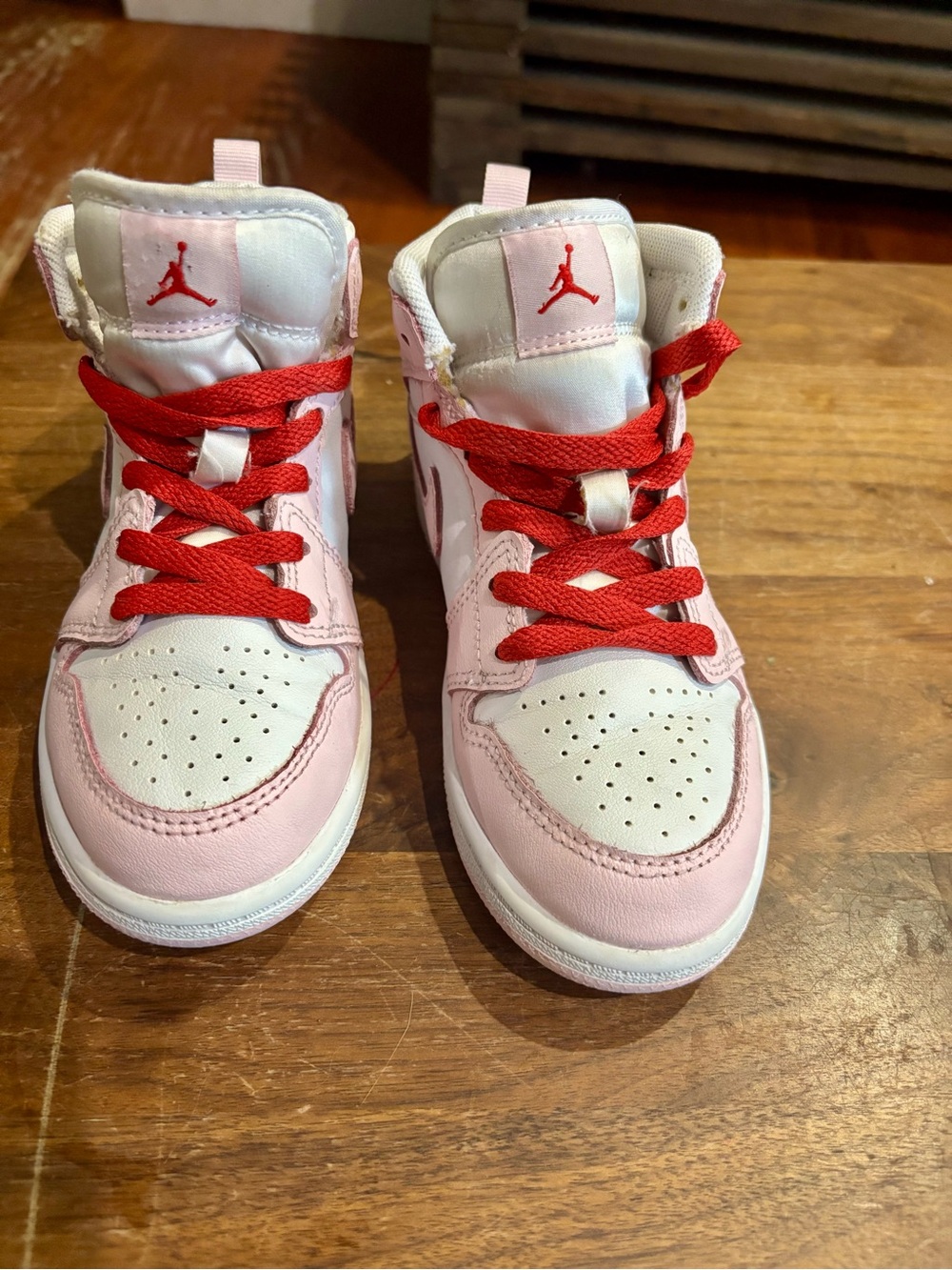 Jordan Mid 1 Pink and White with Red Laces